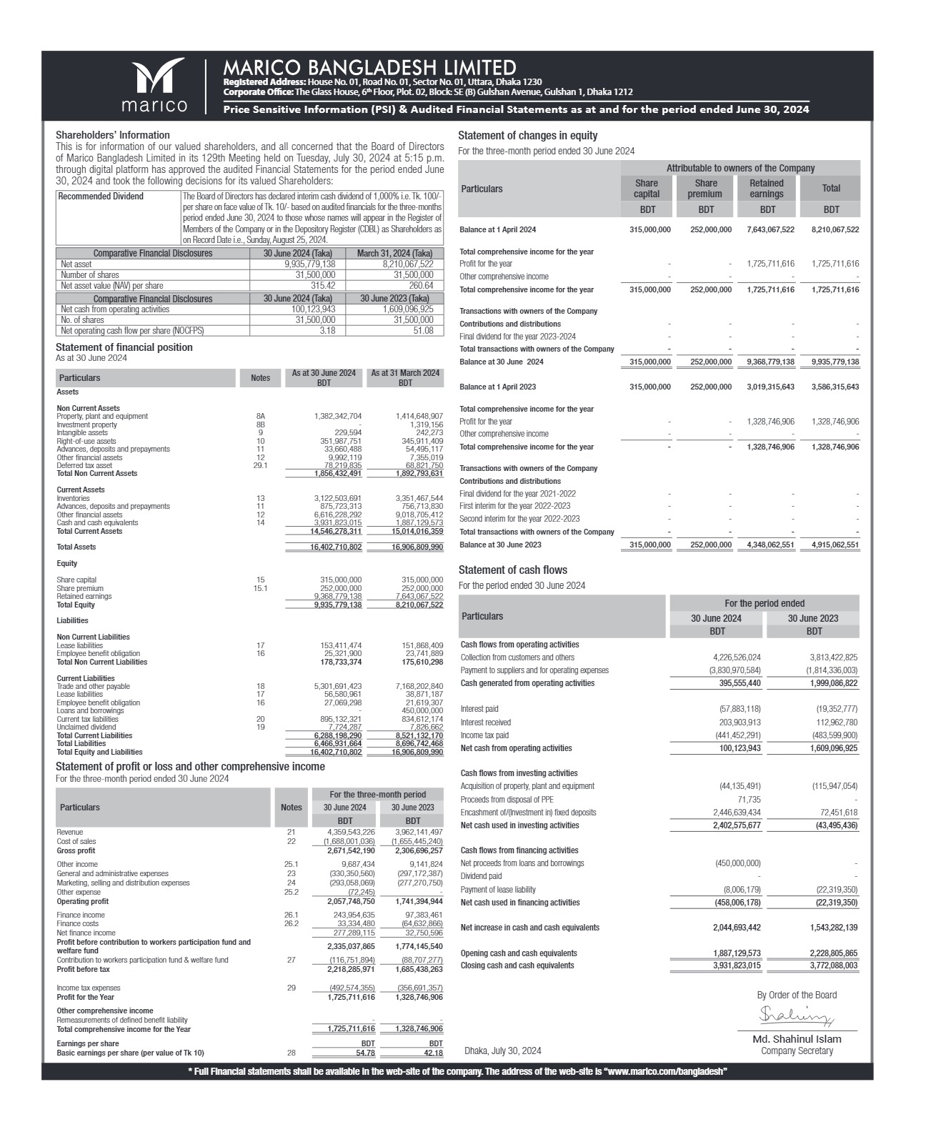 PSI – Q1 2024-25 Financial Results & Interim Dividend